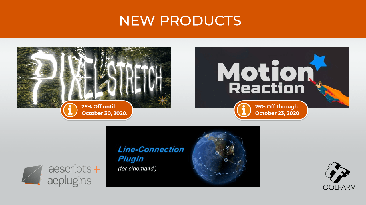 Aescripts new products october 2020 pixel stretch motion reaction line-connection for Cinema 4d