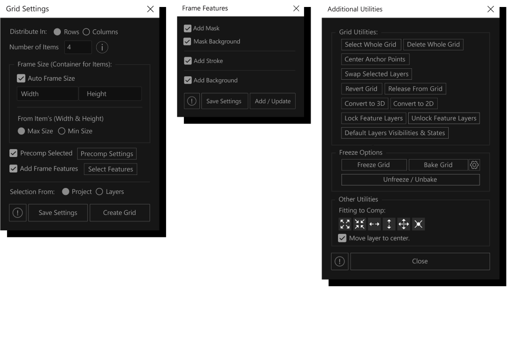 Sliders and Grids panel controls